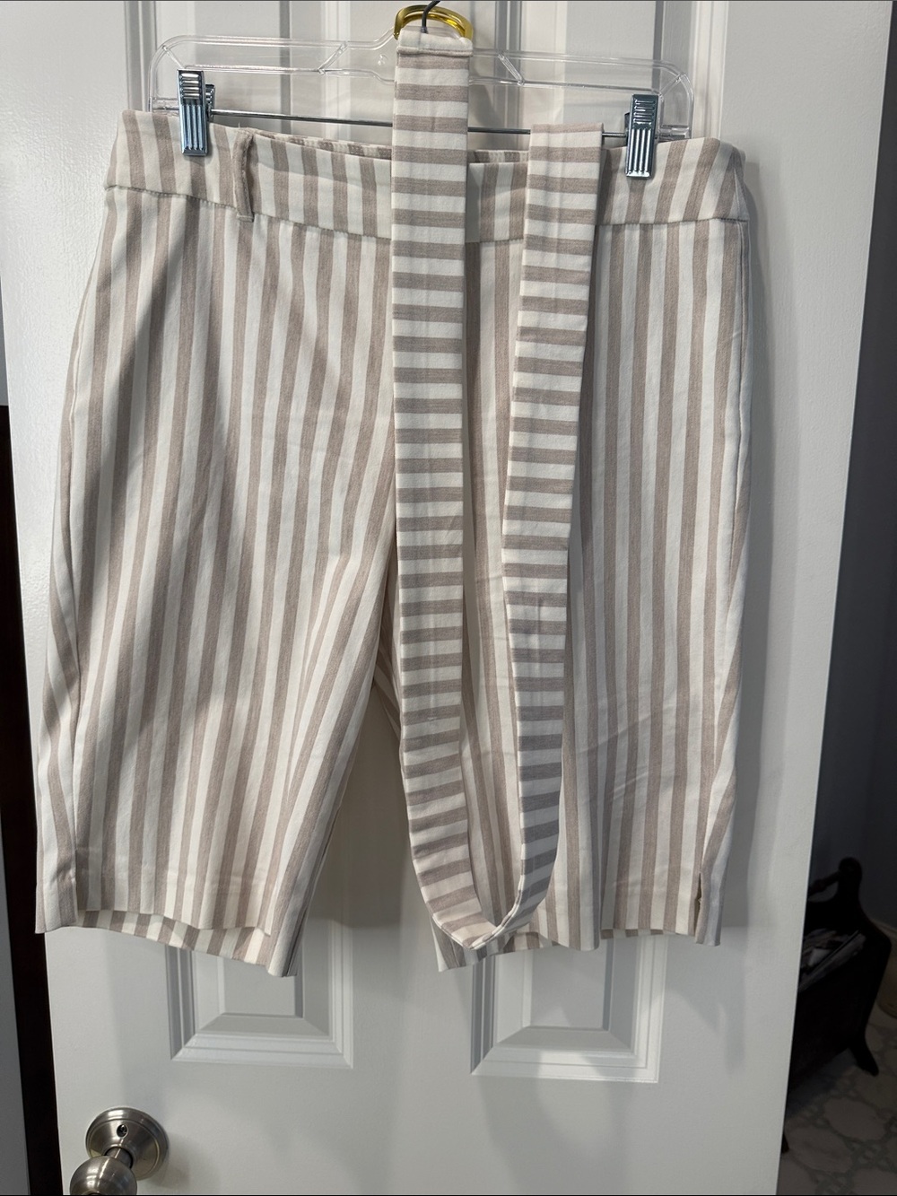 Attyre Vertical Stripe Top — Cream & Taupe shorts with matching belt